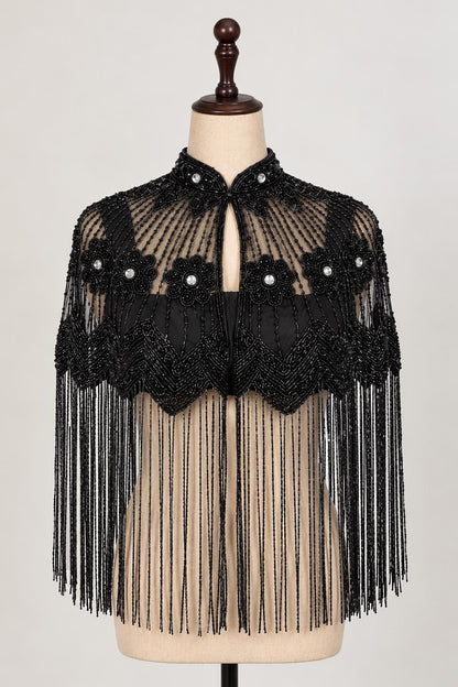 Black Beaded Fringe Cape Sheer Bridal Capelet, Embellished Wedding Cover Up Luxury Evening Shawl Couture Party Wrap