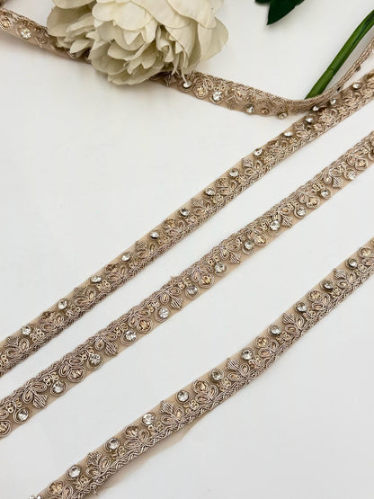 Luxury Floral Rhinestone Bridal Trim Kundan Champagne Gold Embroidered Border Wedding Dress Lace Crystal Applique Couture Fashion Ribbon