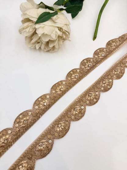 Champagne Gold Scalloped Floral Bridal Trim, Thin Embroidered Kundan Crystal Rhinestone Ribbon, Wedding Gown Veil Lehenga Saree Border