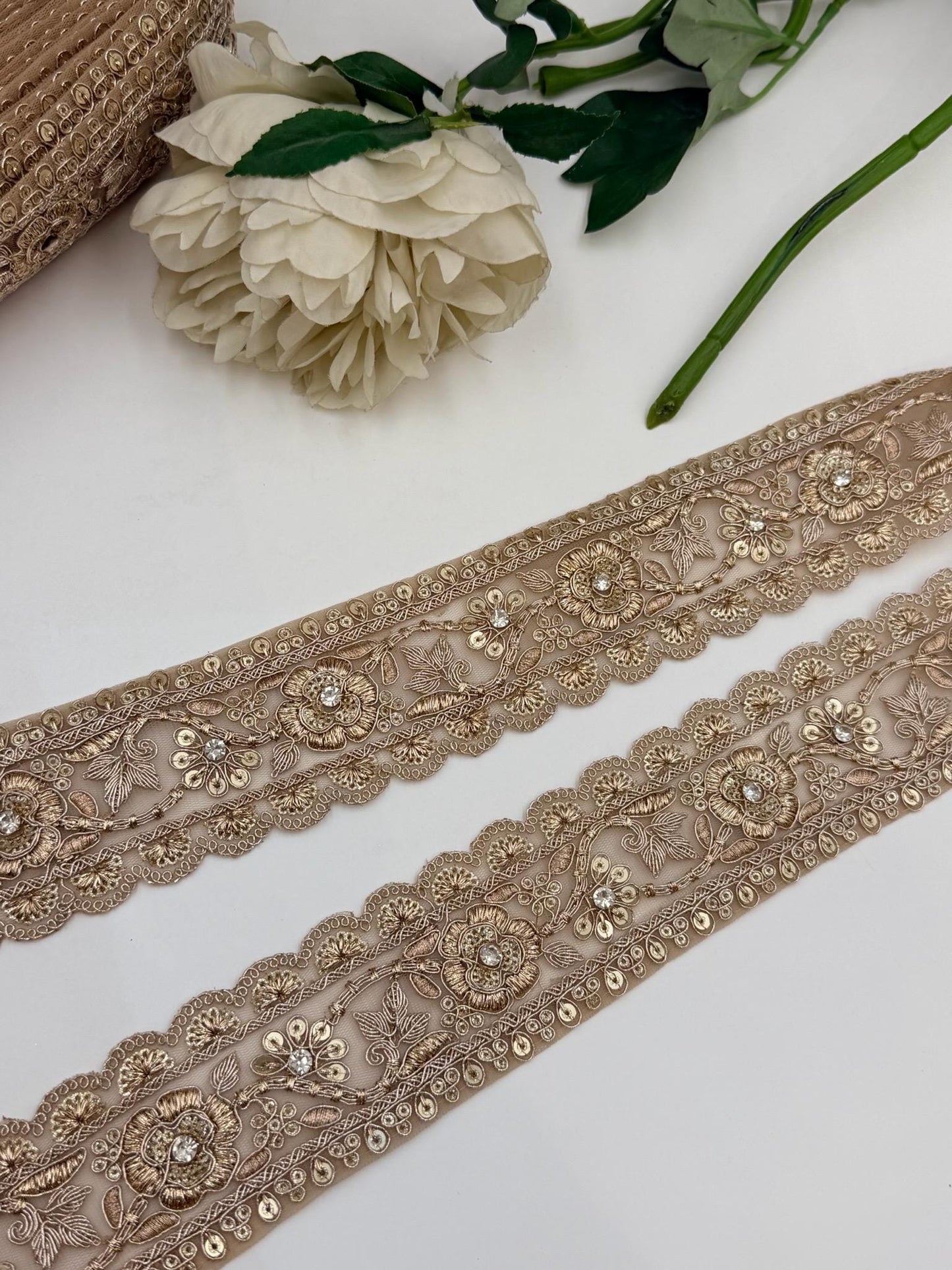 Champagne Gold Floral Embroidered Lace Trim, Bridal Rhinestone Wedding Gown Border Saree Lehenga Dupatta 2.5 Inch Couture Veil  Ribbon