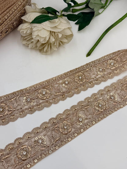 Champagne Gold Floral Embroidered Lace Trim, Bridal Rhinestone Wedding Gown Border Saree Lehenga Dupatta 2.5 Inch Couture Veil  Ribbon