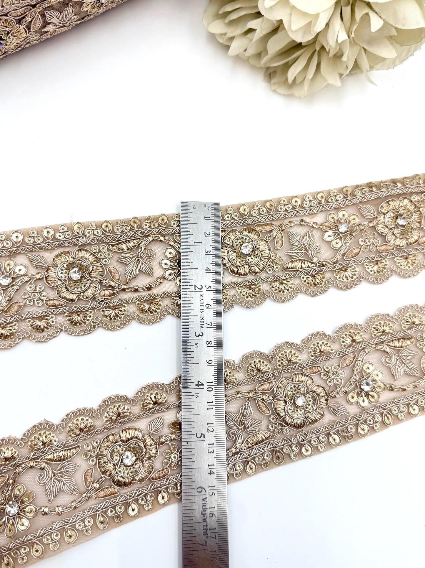 Champagne Gold Floral Embroidered Lace Trim, Bridal Rhinestone Wedding Gown Border Saree Lehenga Dupatta 2.5 Inch Couture Veil  Ribbon