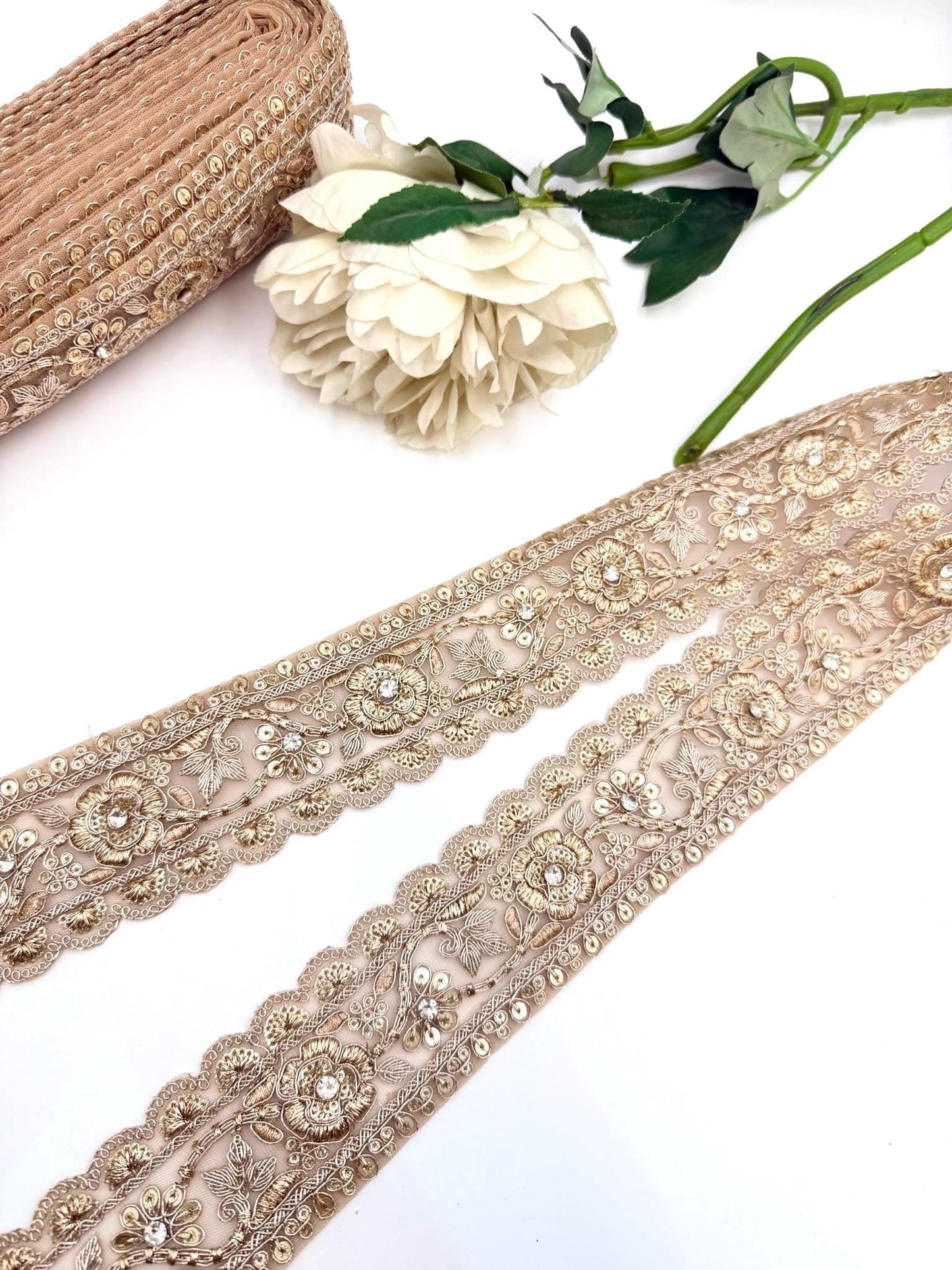 Champagne Gold Floral Embroidered Lace Trim, Bridal Rhinestone Wedding Gown Border Saree Lehenga Dupatta 2.5 Inch Couture Veil  Ribbon