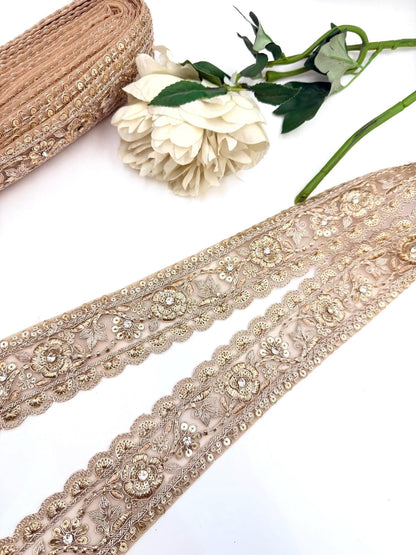 Champagne Gold Floral Embroidered Lace Trim, Bridal Rhinestone Wedding Gown Border Saree Lehenga Dupatta 2.5 Inch Couture Veil  Ribbon