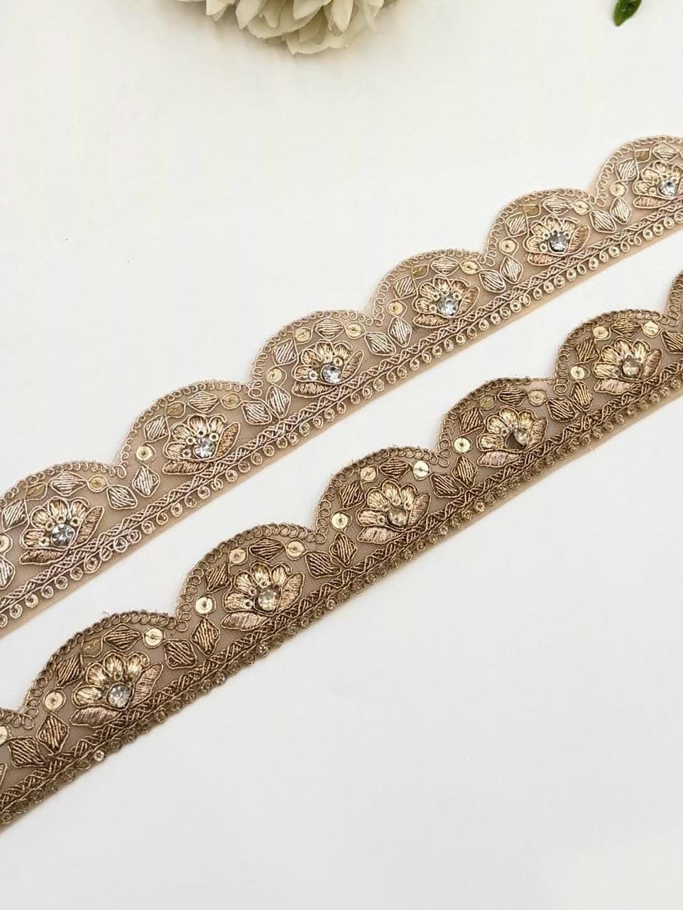 Champagne Gold Scalloped Floral Bridal Trim, Thin Embroidered Kundan Crystal Rhinestone Ribbon, Wedding Gown Veil Lehenga Saree Border