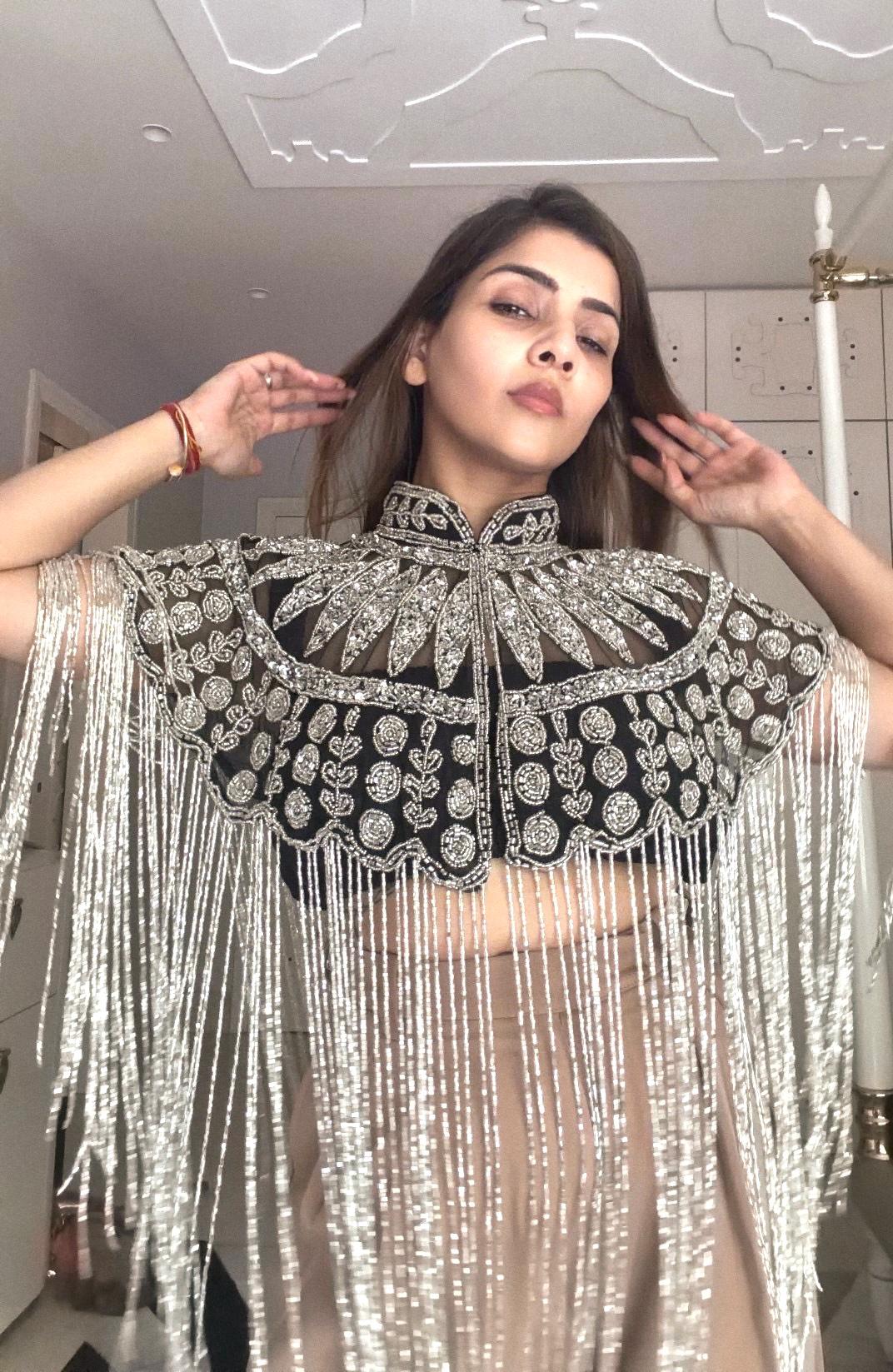 Black Silver Beaded Capelet with Fringe, Embroidered Shoulder Cover Up, Art Deco Evening Wedding Accessory Bridesmaid Dress Cape