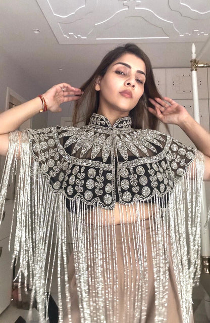 Black Silver Beaded Capelet with Fringe, Embroidered Shoulder Cover Up, Art Deco Evening Wedding Accessory Bridesmaid Dress Cape