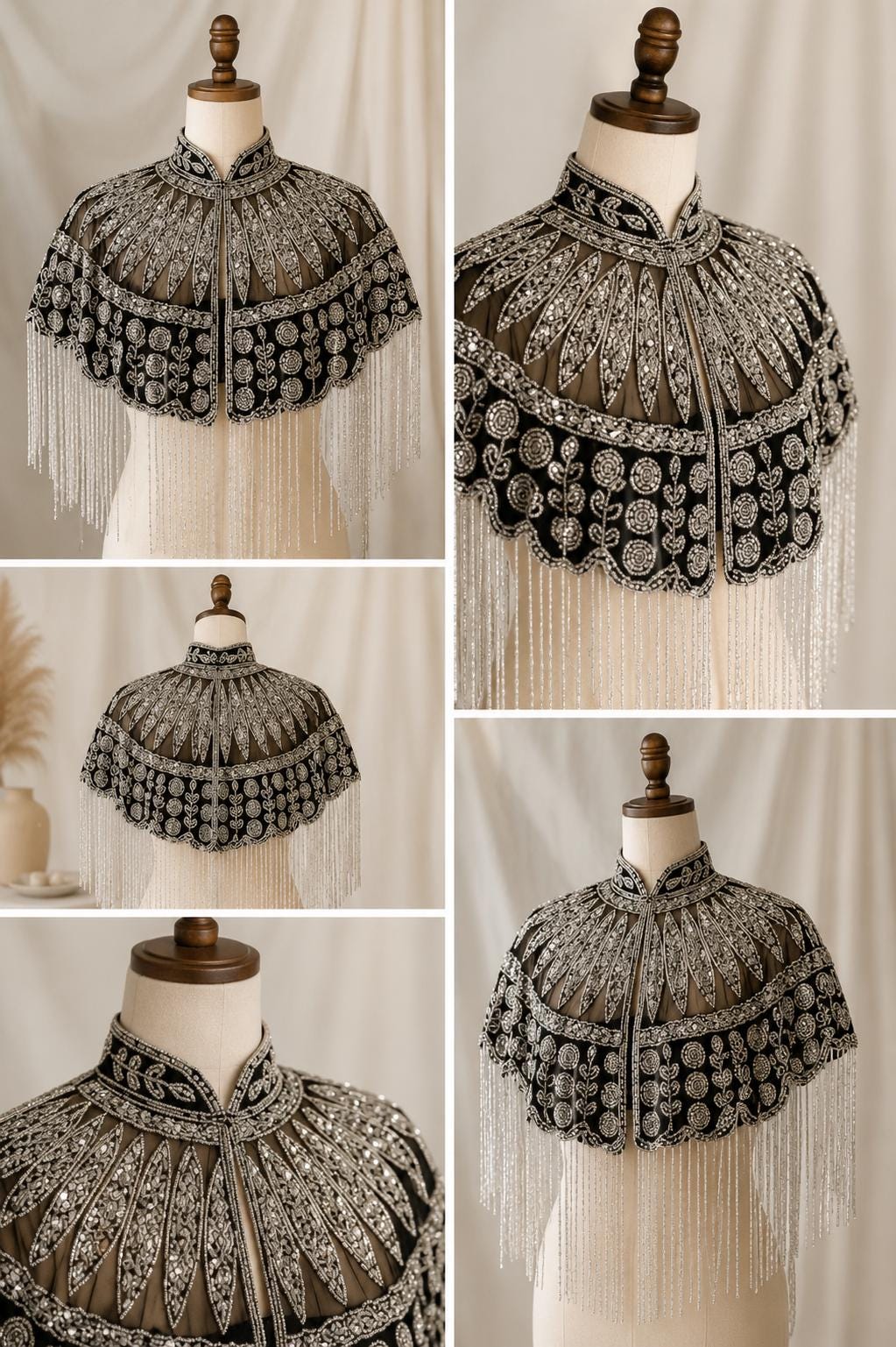 Black Silver Beaded Capelet with Fringe, Embroidered Shoulder Cover Up, Art Deco Evening Wedding Accessory Bridesmaid Dress Cape