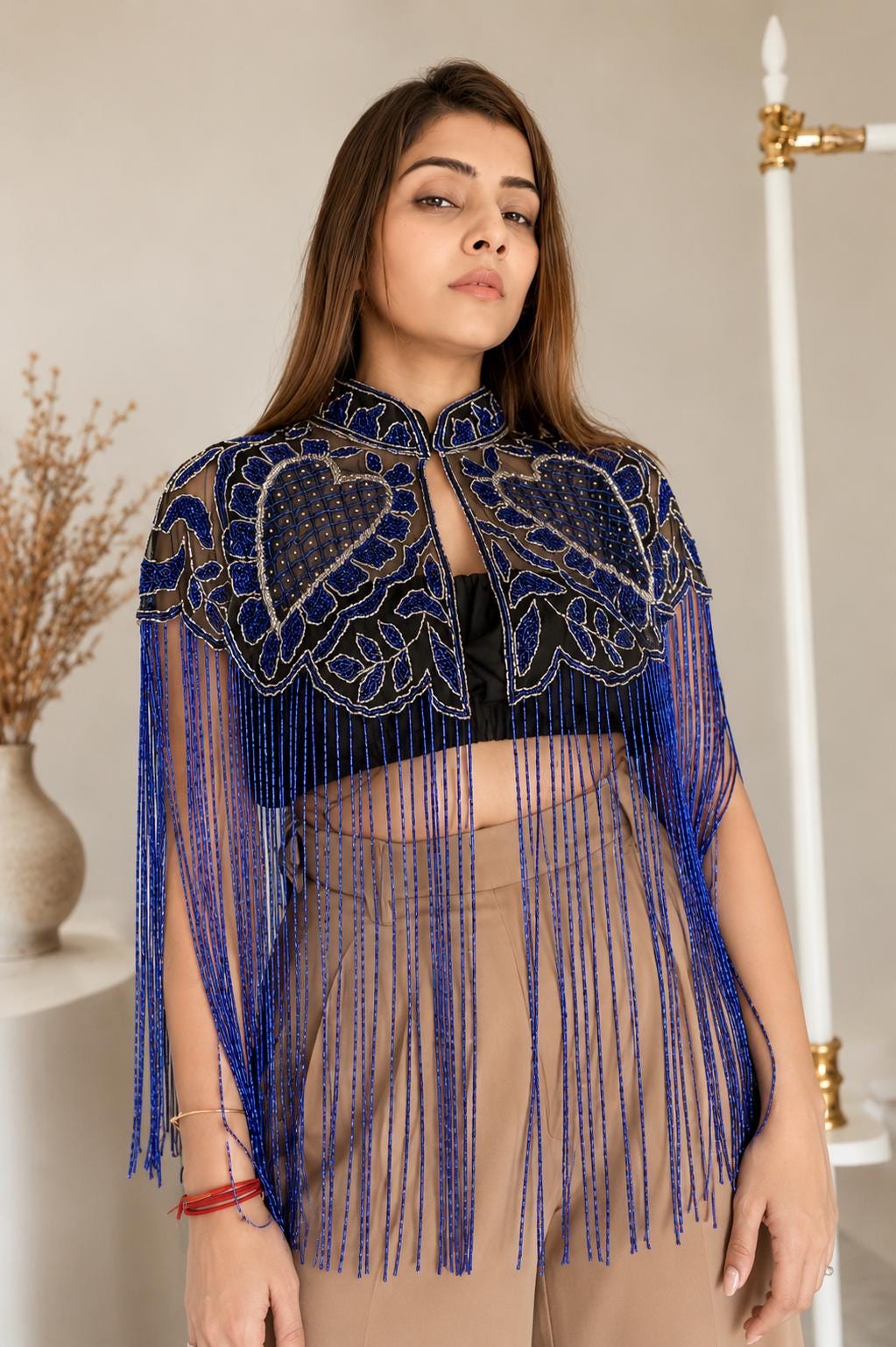 Royal Blue Beaded Capelet with Fringe Embroidered Shoulder Cover Up For Brides Bridesmaid Cocktail Events Dresses
