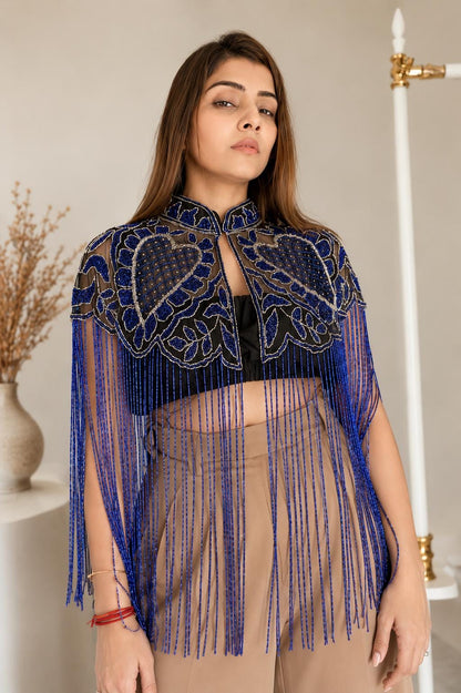 Royal Blue Beaded Capelet with Fringe Embroidered Shoulder Cover Up For Brides Bridesmaid Cocktail Events Dresses