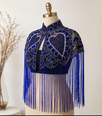 Royal Blue Beaded Capelet with Fringe Embroidered Shoulder Cover Up For Brides Bridesmaid Cocktail Events Dresses