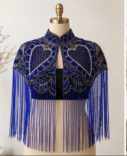 Royal Blue Beaded Capelet with Fringe Embroidered Shoulder Cover Up For Brides Bridesmaid Cocktail Events Dresses