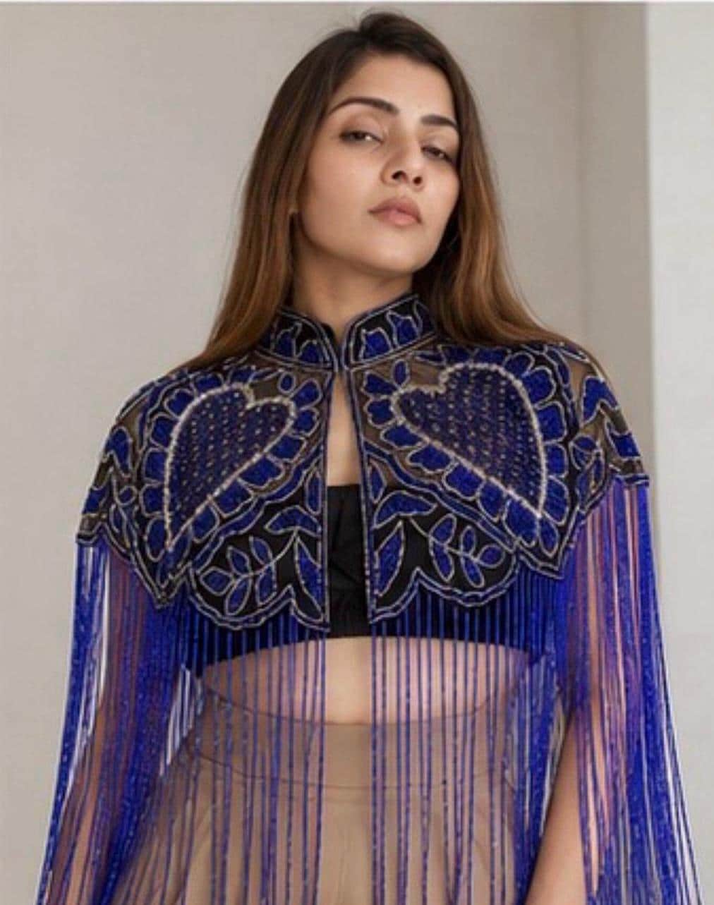 Royal Blue Beaded Capelet with Fringe Embroidered Shoulder Cover Up For Brides Bridesmaid Cocktail Events Dresses