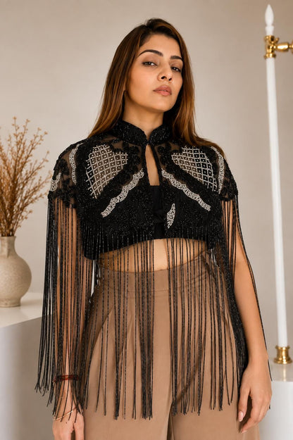 Black Silver Beaded Fringe Capelet Embroidered Statement Cape Evening Cover Up Festival & Bridal Shoulder Jewelry Bridesmaid Dress Cape