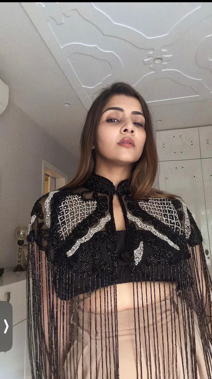 Black Silver Beaded Fringe Capelet Embroidered Statement Cape Evening Cover Up Festival & Bridal Shoulder Jewelry Bridesmaid Dress Cape