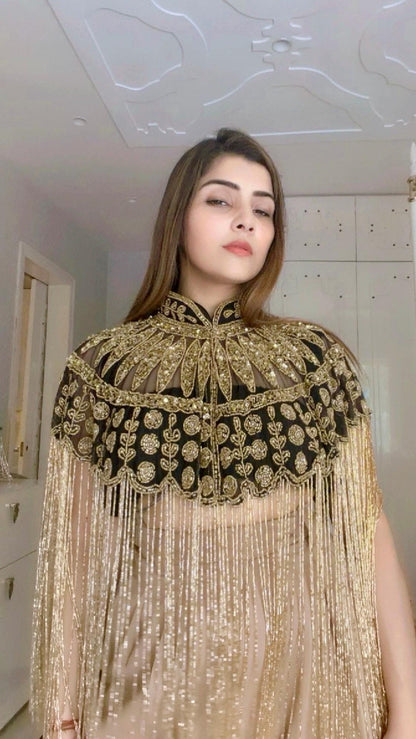 Gold Beaded Fringe Capelet, Black Embroidered Cape, Statement Evening Cover Up, Bridal Shawl, Festival & Party Wear