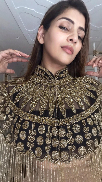 Gold Beaded Fringe Capelet, Black Embroidered Cape, Statement Evening Cover Up, Bridal Shawl, Festival & Party Wear