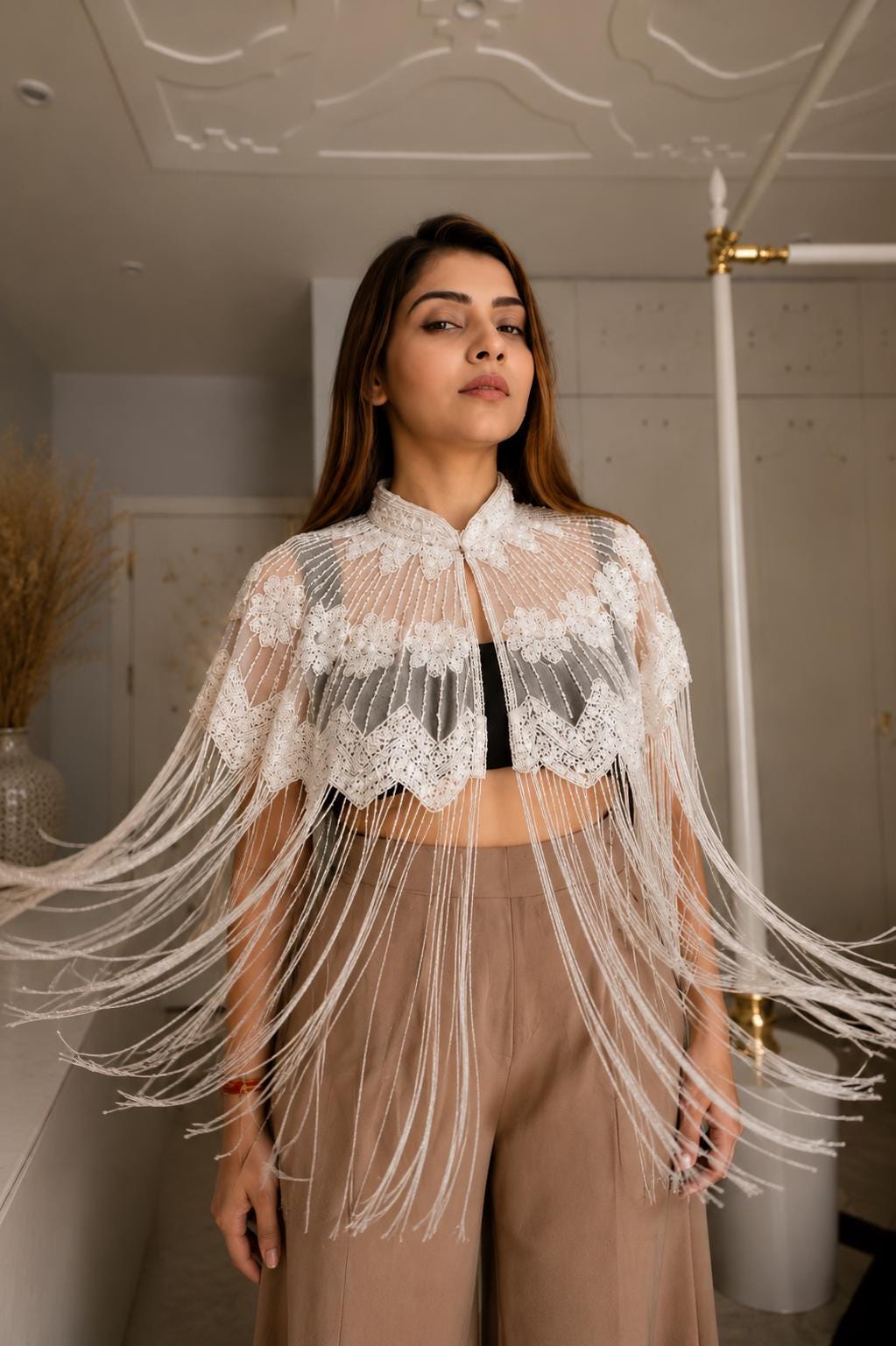 White Beaded Fringe Capelet, Embroidered Statement Shoulder Cape with Long Fringe Handmade Bridal coverup Bridesmaid Gift Festival Dress