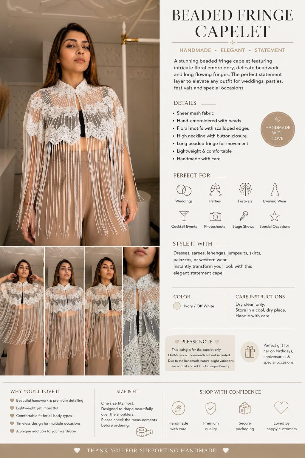 White Beaded Fringe Capelet, Embroidered Statement Shoulder Cape with Long Fringe Handmade Bridal coverup Bridesmaid Gift Festival Dress