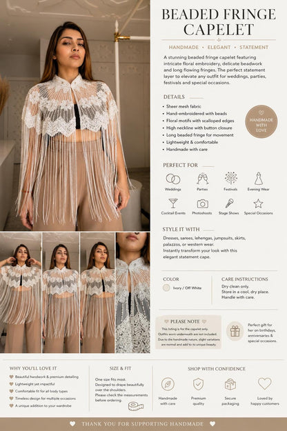 White Beaded Fringe Capelet, Embroidered Statement Shoulder Cape with Long Fringe Handmade Bridal coverup Bridesmaid Gift Festival Dress