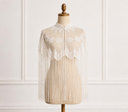 White Beaded Fringe Capelet, Embroidered Statement Shoulder Cape with Long Fringe Handmade Bridal coverup Bridesmaid Gift Festival Dress