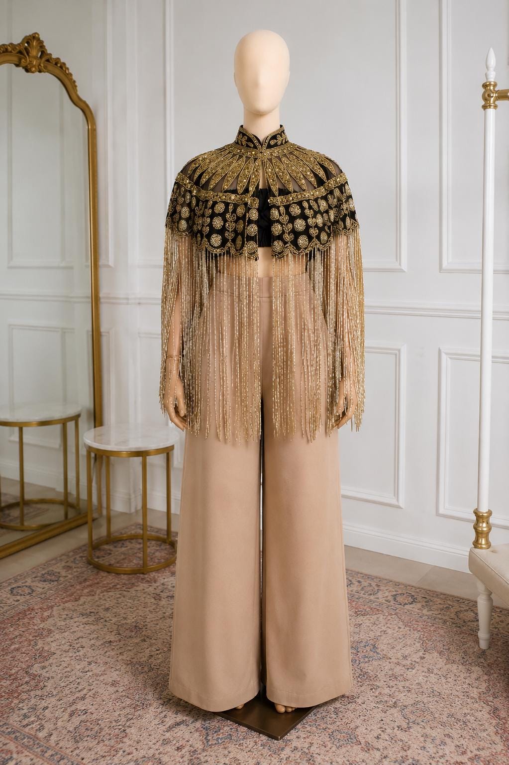 Gold Beaded Fringe Capelet, Black Embroidered Cape, Statement Evening Cover Up, Bridal Shawl, Festival & Party Wear