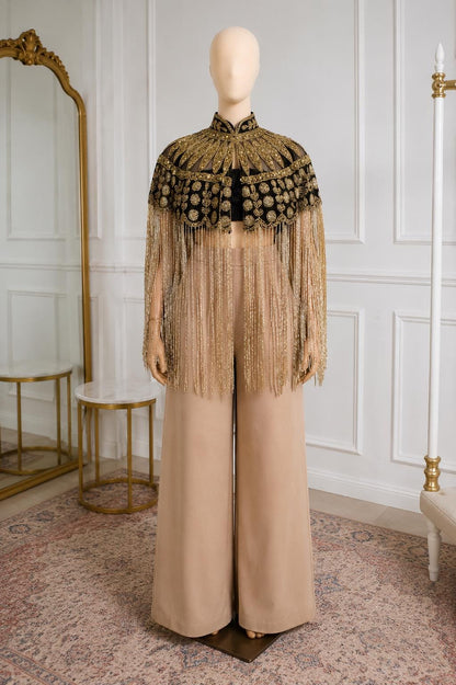 Gold Beaded Fringe Capelet, Black Embroidered Cape, Statement Evening Cover Up, Bridal Shawl, Festival & Party Wear