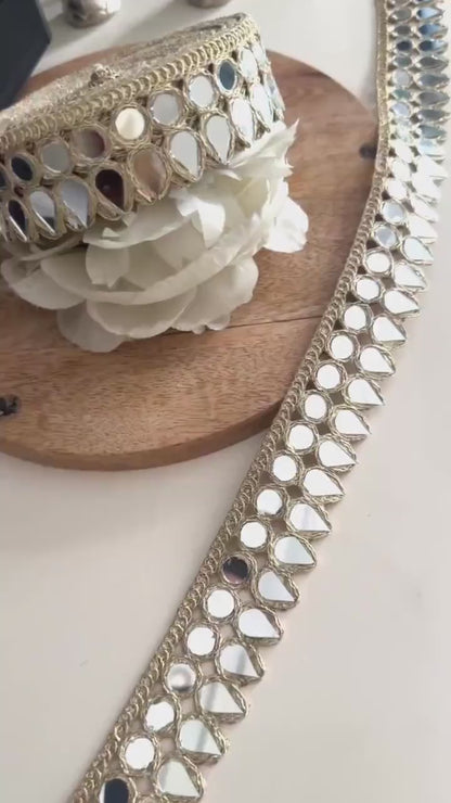 Gold Teardrop Mirror Lace Trim Handmade Mirror Work