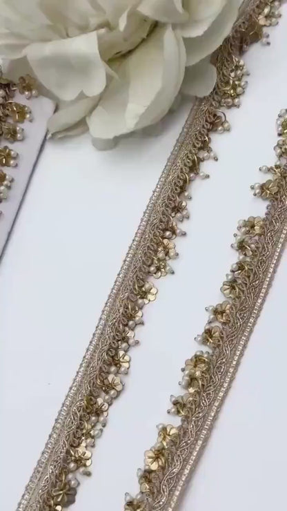 Luxury Gold Metal Beaded Pearl Trim Bridal Wear Veil Edging Handcrafted Metal Tassel