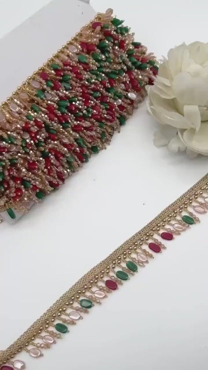 Handmade Bridal Tassel Lace Jeweled Red Green and Gold