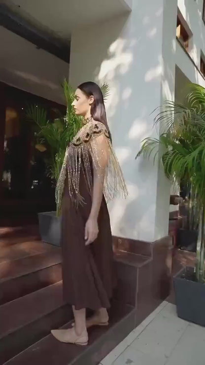 Gold Fringe Statement Choker Necklace Beaded Shoulder Cape Jewelry