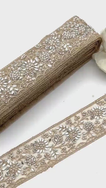 Pearl Mirror Floral Embroidered Trim Champagne Gold Bridal Lace