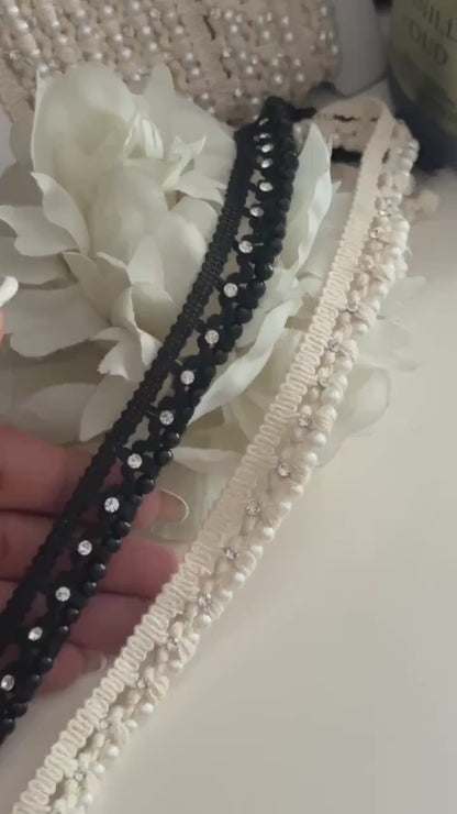 Faux Pearl Tassel Fringe Lace Black