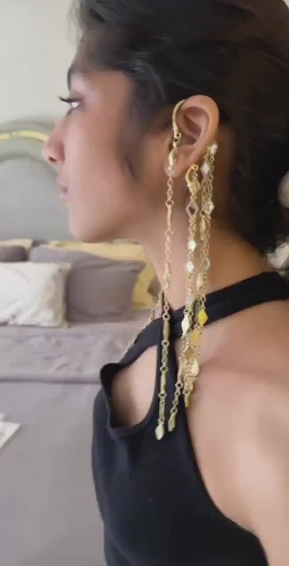 Gold Ear Cuff Pair Long Chain Dangle Statement Chain Earrings No-Piercing shoulder Duster Jewelry